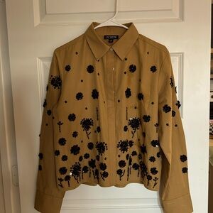 J Crew top with black sequin design -L/S covered button placket